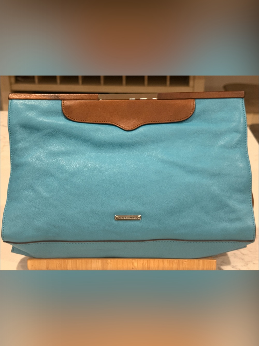 Rebecca Minkoff Turquoise Blue and Brown Large Leather Clutch